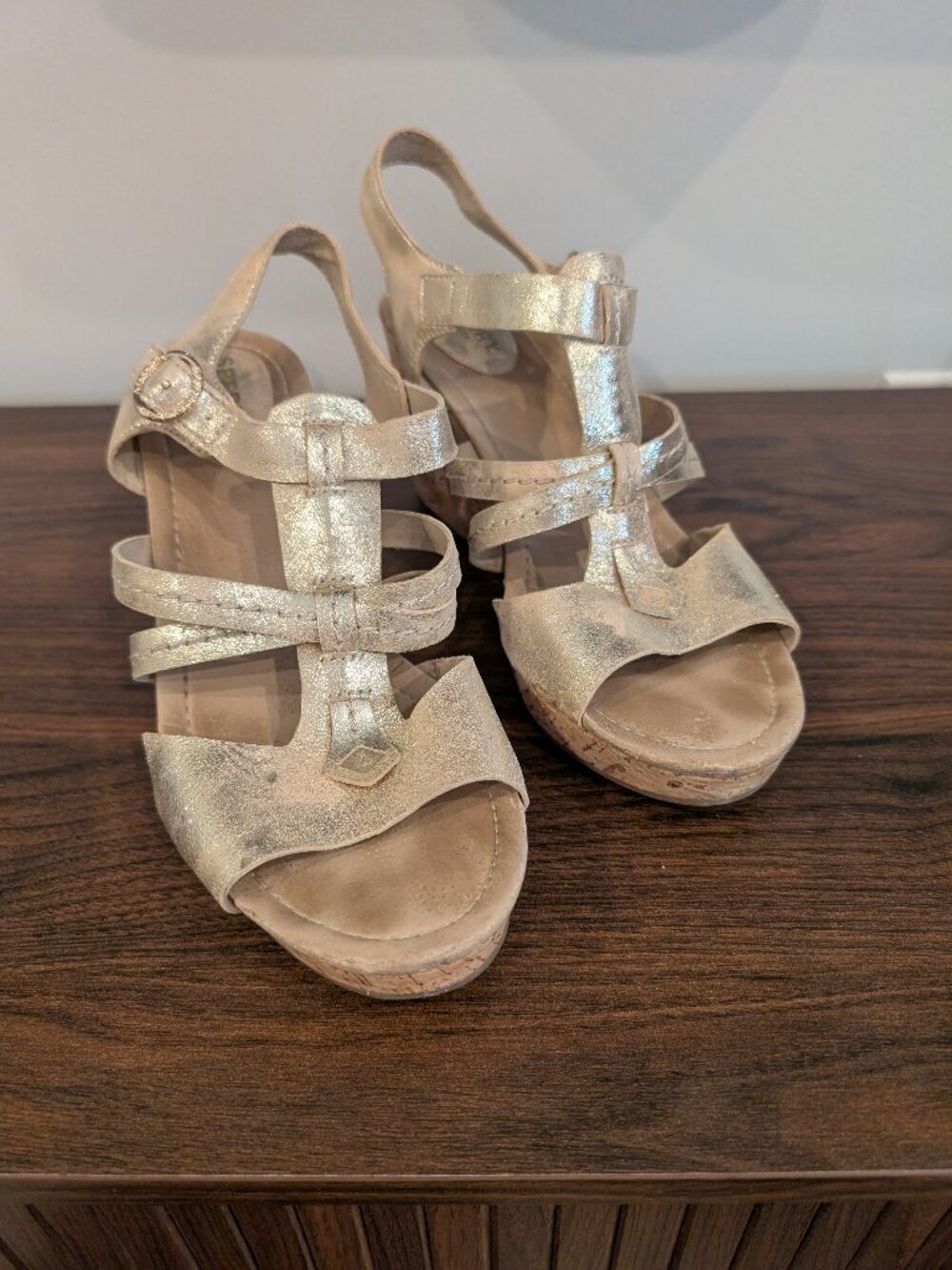 Sperry Gold Strappy Cork Wedge Sandals, Size 10